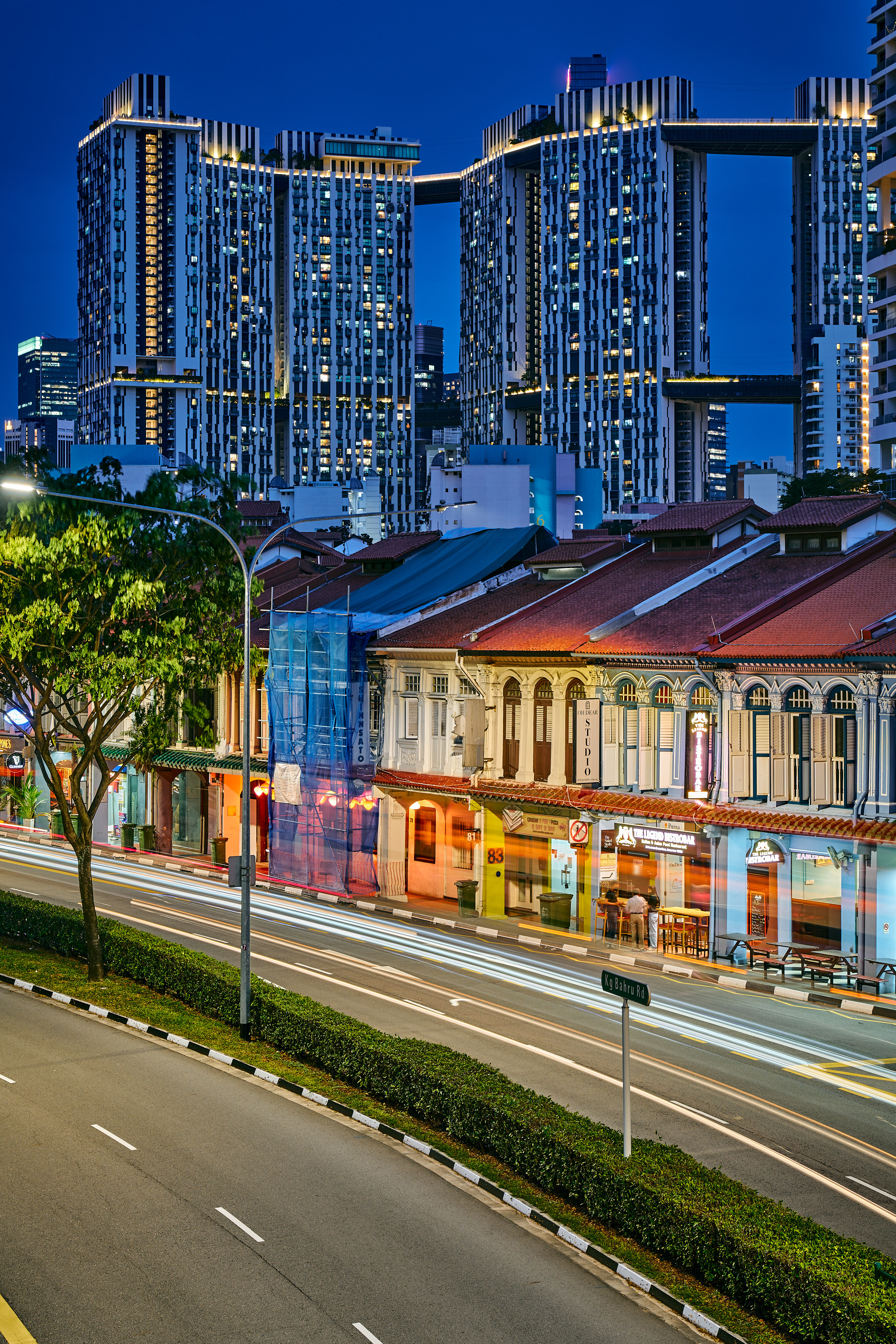 wide, night shot of buildings 